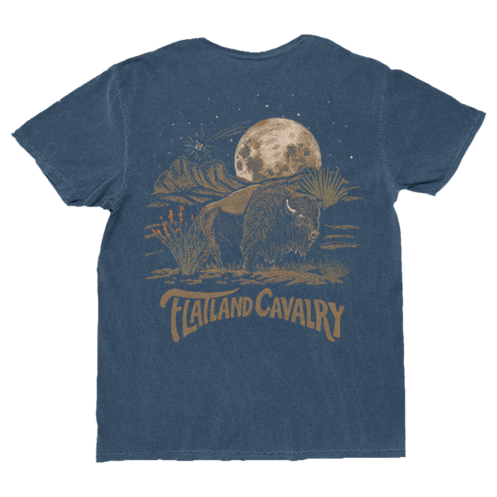Blue t-shirt with a graphic of a bison under a moonlit sky and 'Flatland Cavalry' text on the back.