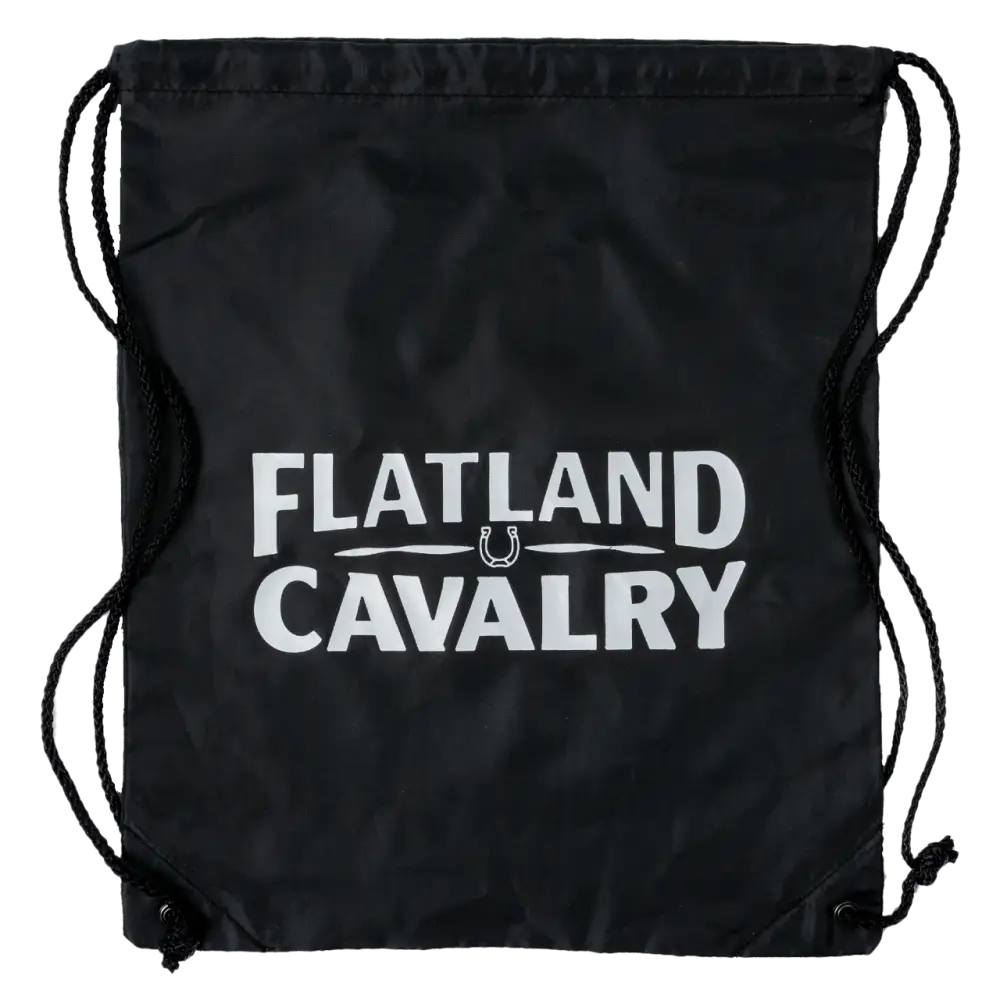 Black drawstring bag with ’FLATLAND CAVALRY’ printed in white text.