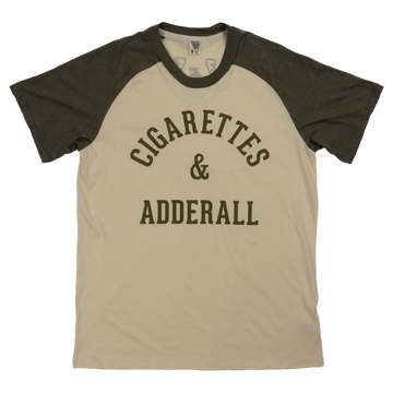 T-shirt with ’CIGARETTES & ADDERALL’ printed on the front in dark lettering.