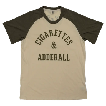 T-shirt with ’CIGARETTES & ADDERALL’ printed on the front in dark lettering.