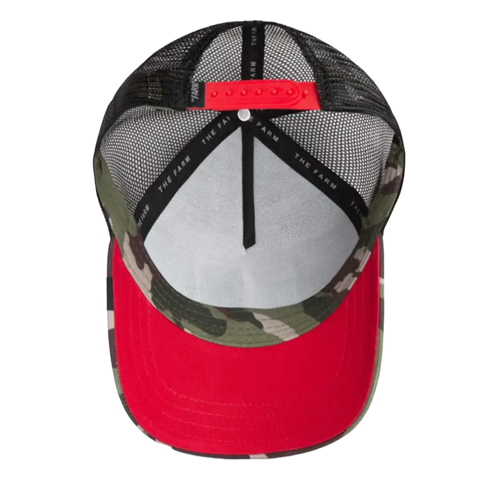 Camo and red trucker hat.