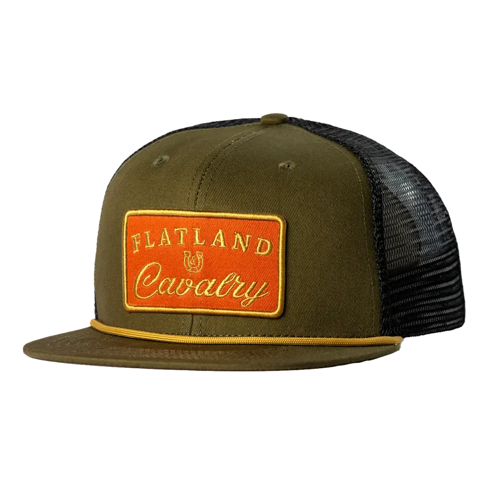 Olive green trucker hat with an orange ’Flatland Cavalry’ patch on the front.