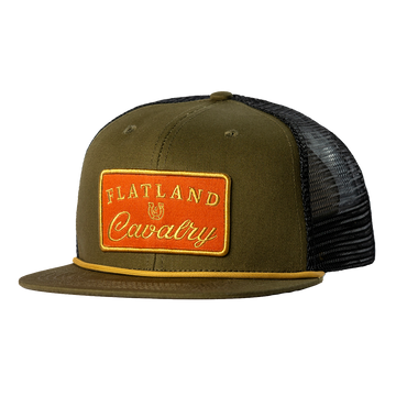 Olive green trucker hat with an orange ’Flatland Cavalry’ patch on the front.