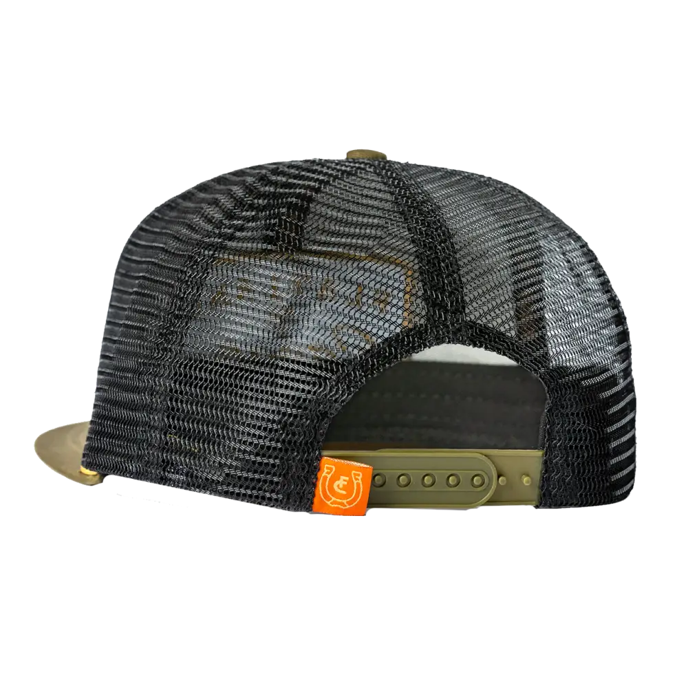 Trucker-style baseball cap with a mesh back and olive green front panel.