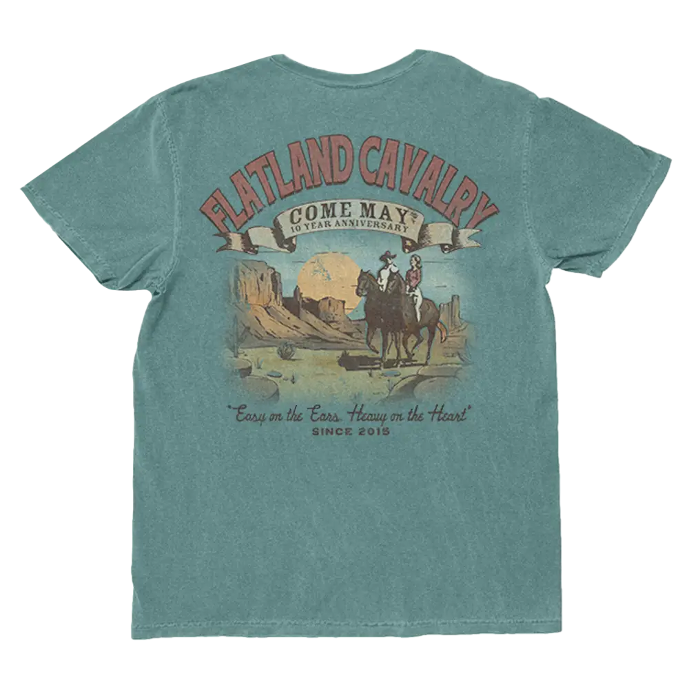 Teal t-shirt with western-themed graphic.