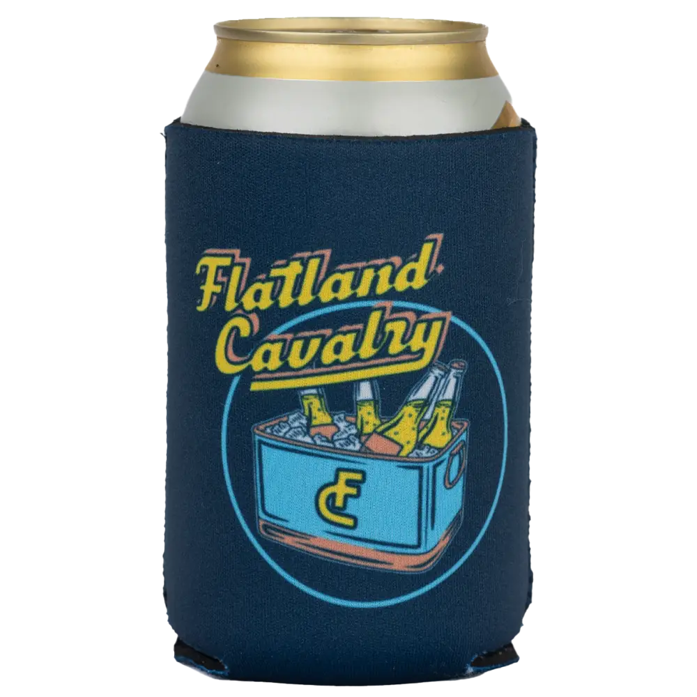 Navy blue can koozie with ’Flatland Cavalry’ logo and cooler graphic.