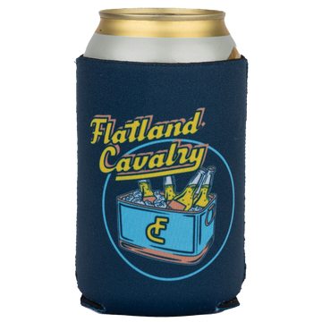 Navy blue can koozie with ’Flatland Cavalry’ logo and cooler graphic.