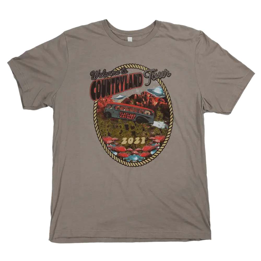 Gray t-shirt featuring a colorful circular graphic design promoting Countryland Fest 2023.