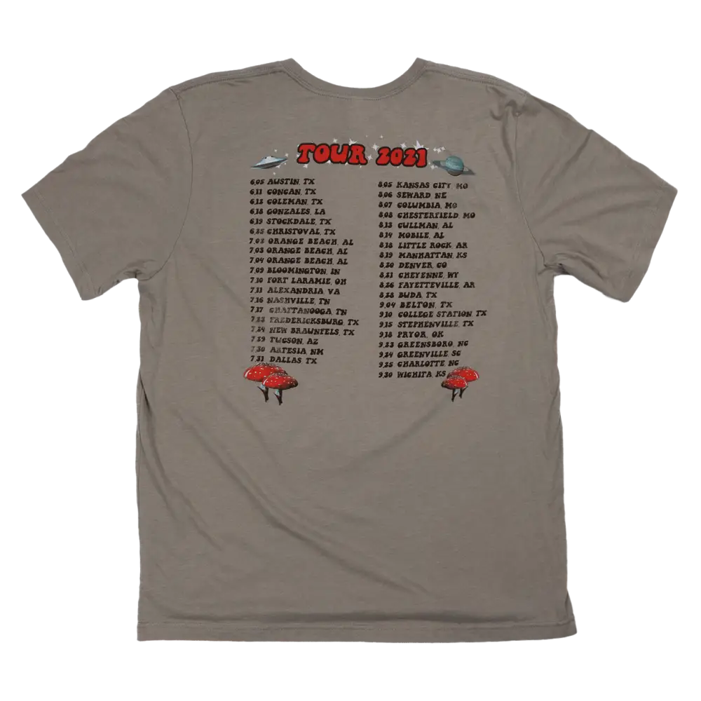 Gray t-shirt with a tour schedule printed on the back.