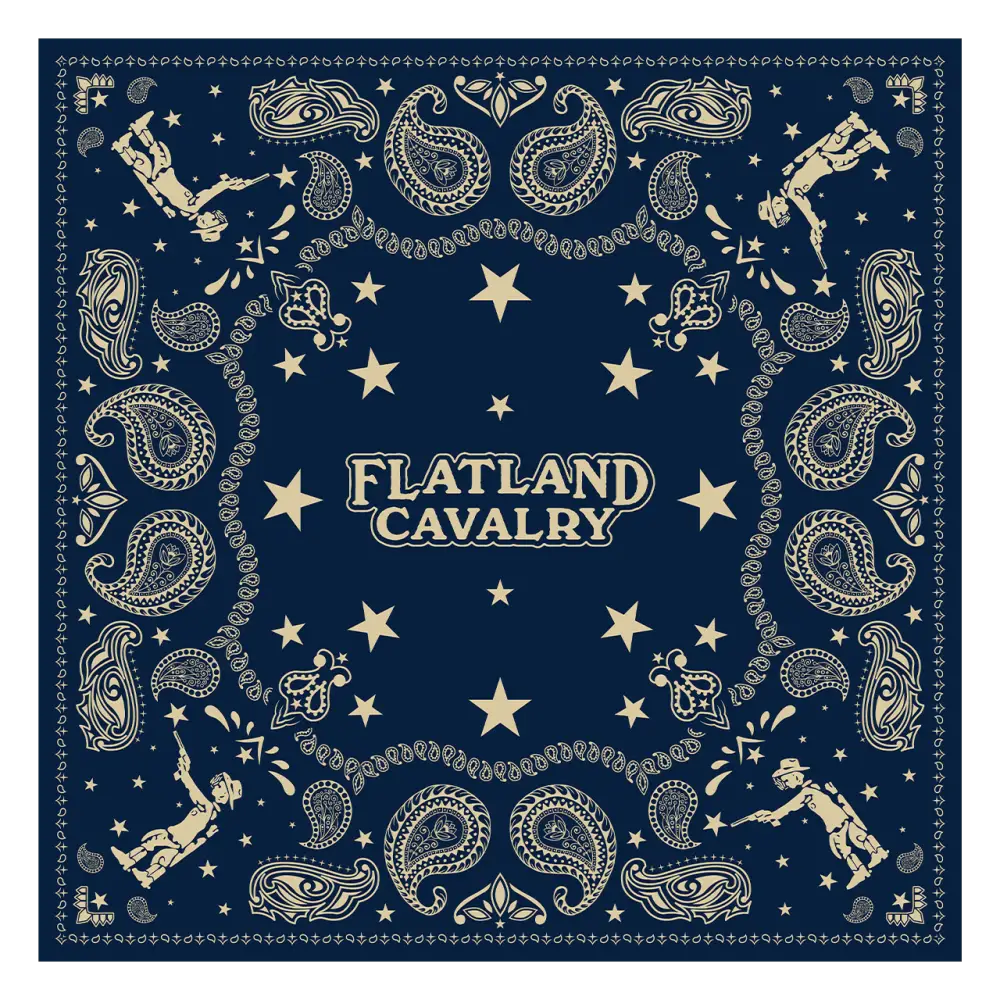 Ornate bandana or kerchief design featuring ’Flatland Cavalry’ text surrounded by stars and paisley patterns.