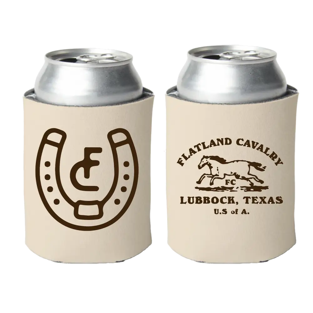 Pair of beige foam can coolers with different printed designs.