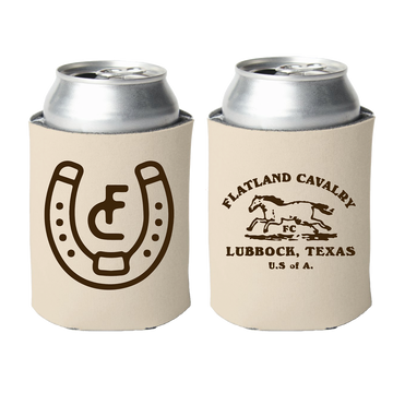 Pair of beige foam can coolers with different printed designs.