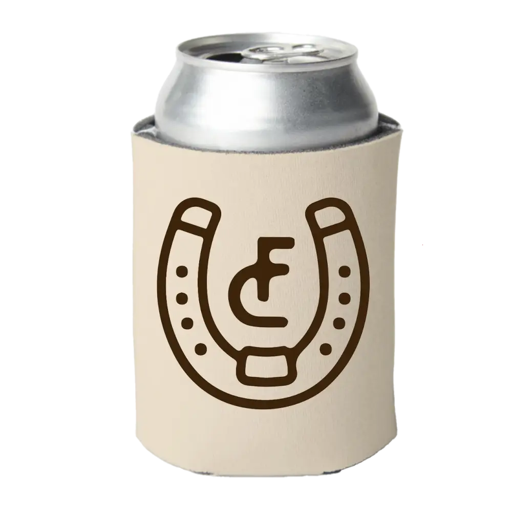 Can cooler sleeve with a horseshoe design printed on it.