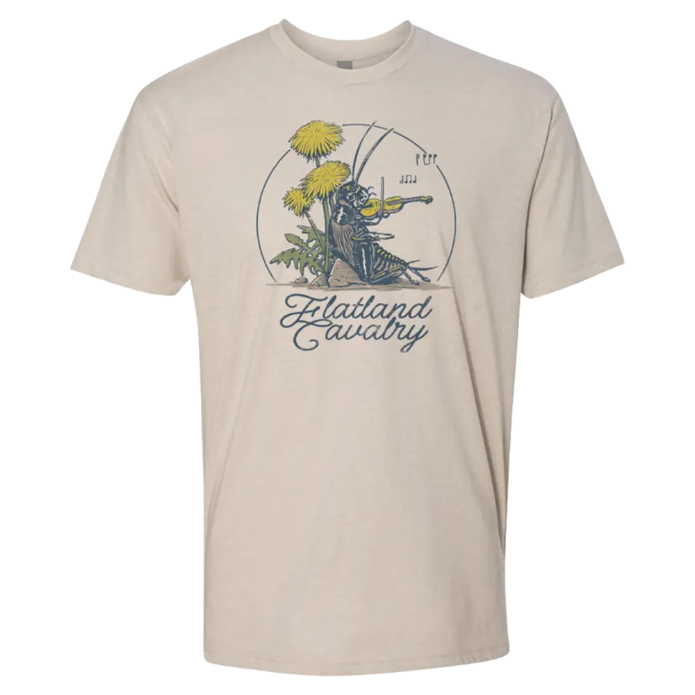 Beige t-shirt featuring a circular graphic design with dandelions and text reading ’Flatland Cavalry’.