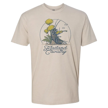 Beige t-shirt featuring a circular graphic design with dandelions and text reading ’Flatland Cavalry’.