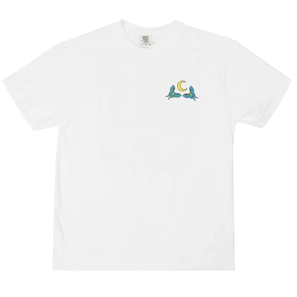 White t-shirt with a small colorful logo on the chest.