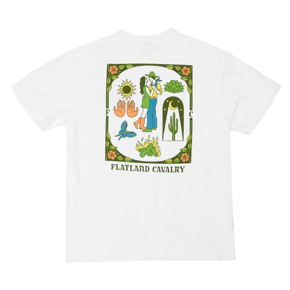 White t-shirt with a colorful nature-themed graphic design on the back.