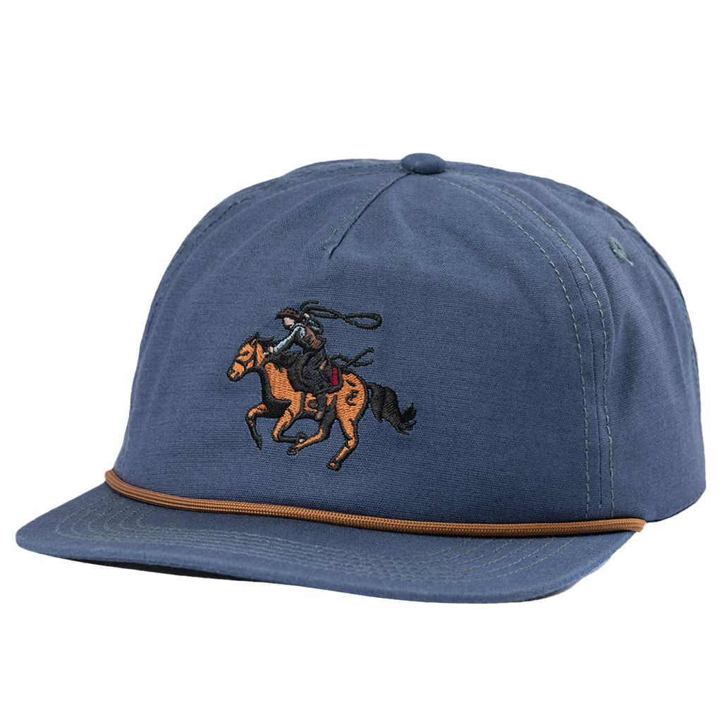 Blue baseball cap with an embroidered cowboy on horseback design.