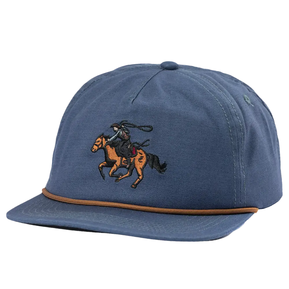 Blue baseball cap with an embroidered cowboy on horseback design.