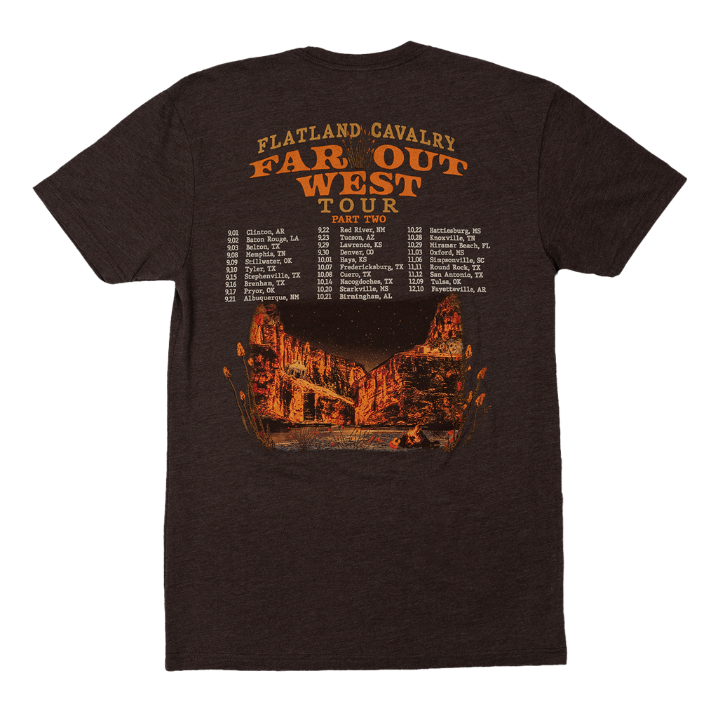 Brown t-shirt with ’Flatland Cavalry Far Out West Tour’ text and a Western desert scene graphic on the back.