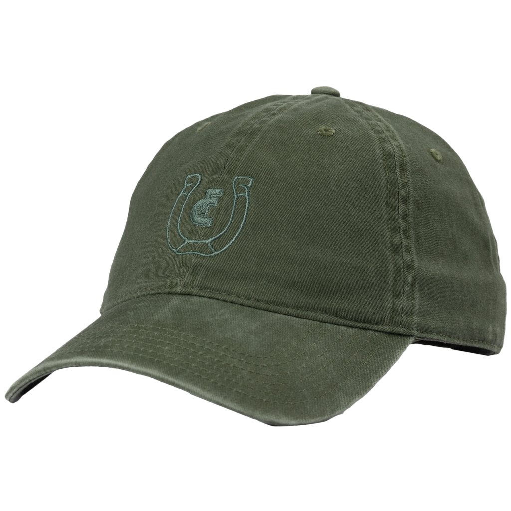 Green baseball cap with a horseshoe logo embroidered on the front.