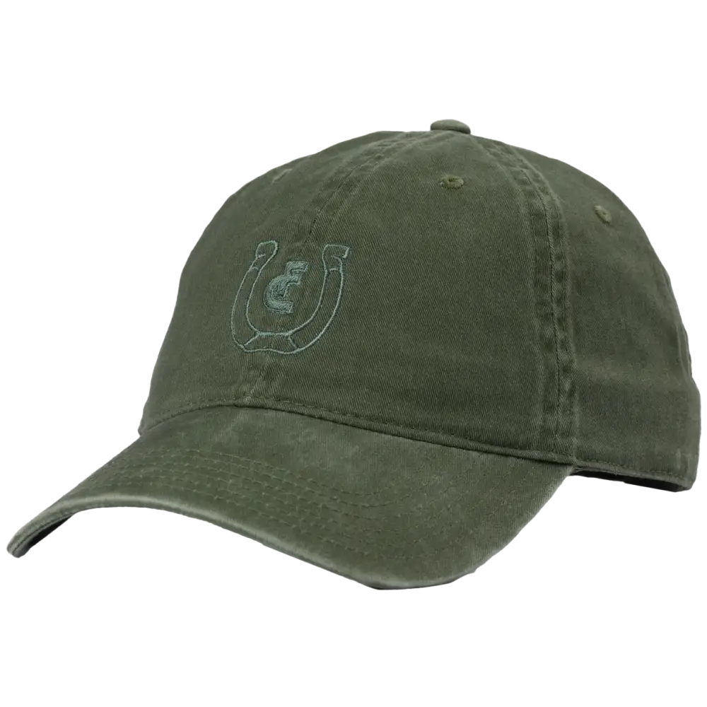 Green baseball cap with a horseshoe logo embroidered on the front.