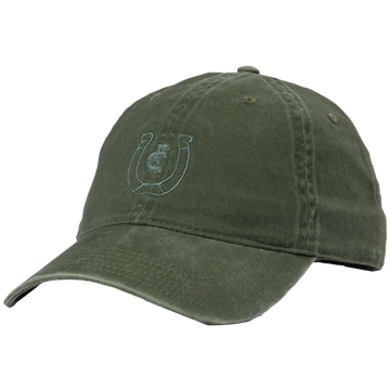 Green baseball cap with a horseshoe logo embroidered on the front.