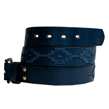 Blue leather belt with stitched pattern.