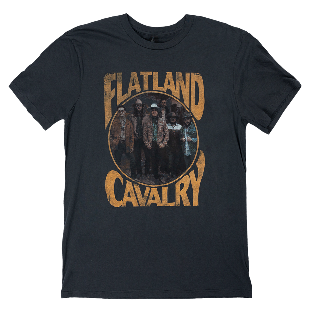 Dark blue t-shirt with ’Flatland Cavalry’ text and a circular image of a band printed on the front.