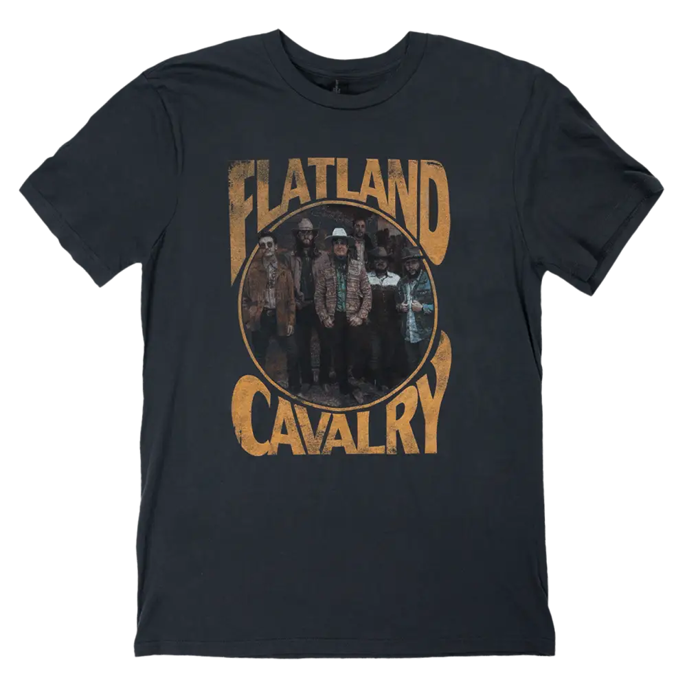 Dark blue t-shirt with ’Flatland Cavalry’ text and a circular image of a band printed on the front.