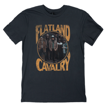 Dark blue t-shirt with ’Flatland Cavalry’ text and a circular image of a band printed on the front.