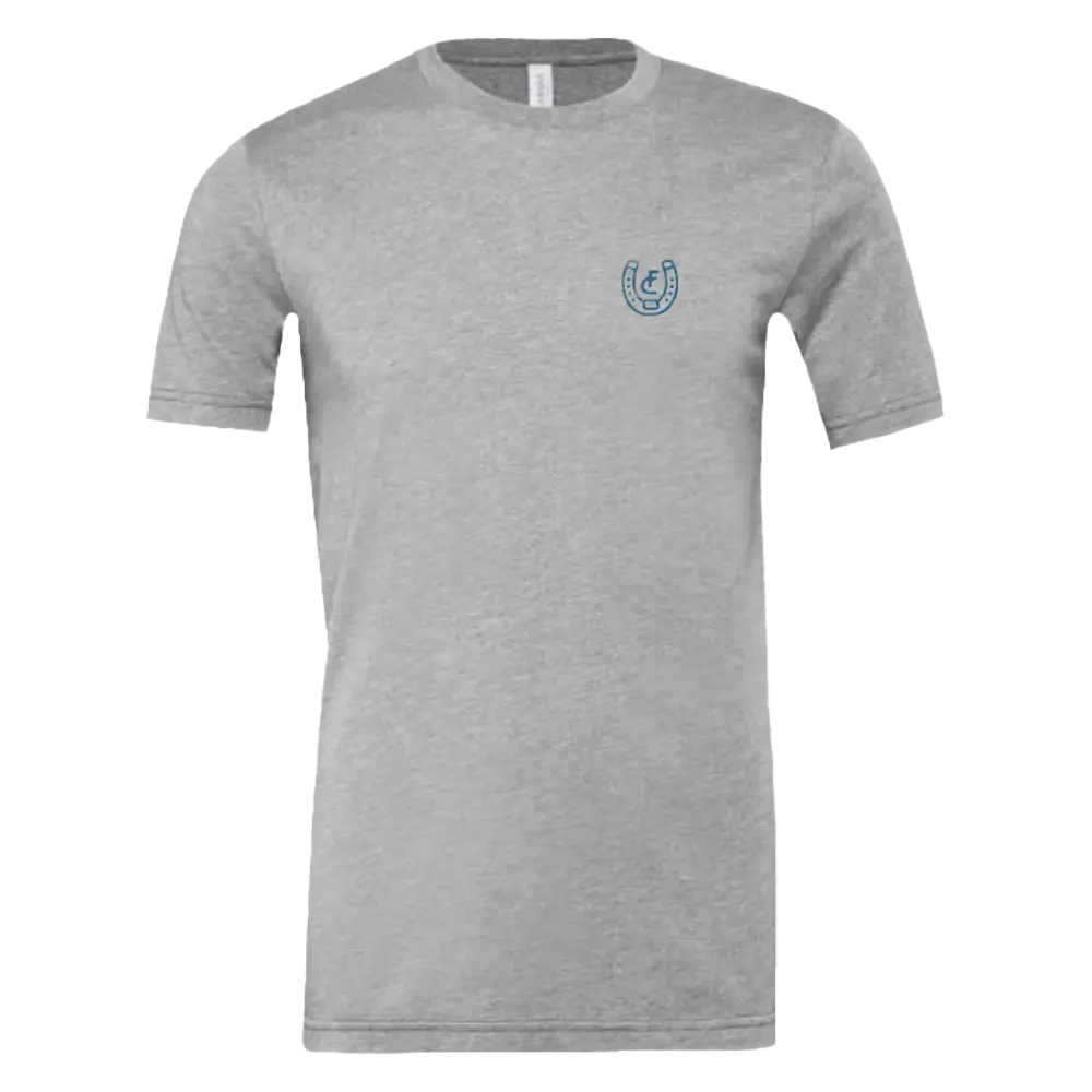 Gray t-shirt with horseshoe design.