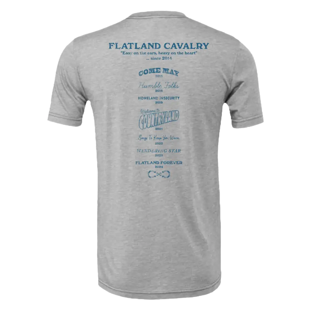 Gray t-shirt with album titles.
