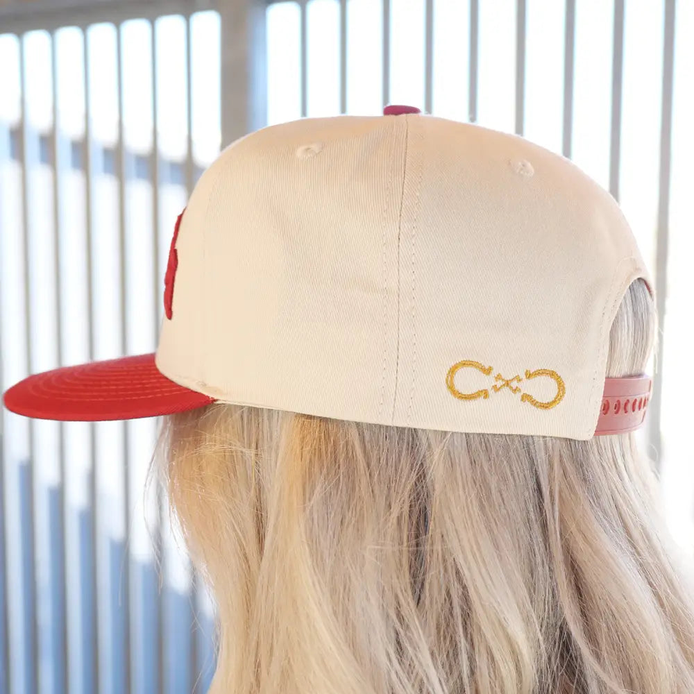 Red and white baseball cap.
