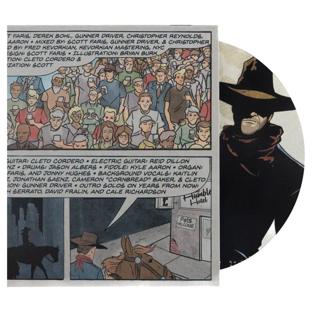 Comic book panel showing a crowded scene of illustrated people.