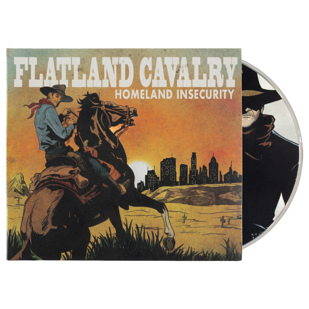 Album cover for ’Homeland Insecurity’ by Flatland Cavalry featuring a cowboy on horseback against a sunset cityscape.