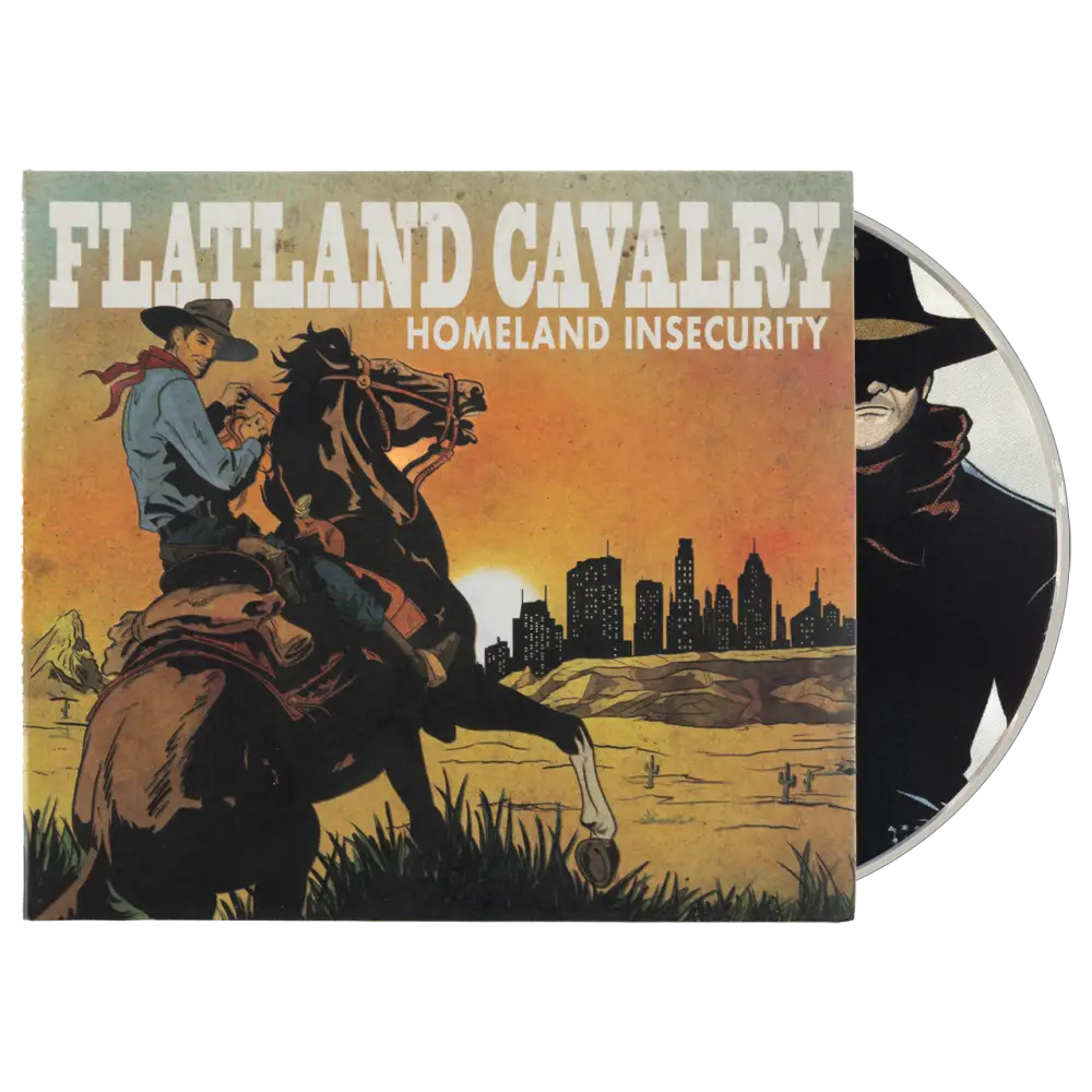 Album cover for ’Homeland Insecurity’ by Flatland Cavalry featuring a cowboy on horseback against a sunset cityscape.