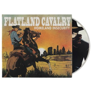 Album cover for ’Homeland Insecurity’ by Flatland Cavalry featuring a cowboy on horseback against a sunset cityscape.