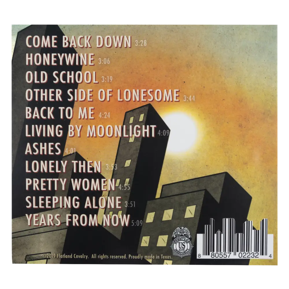 Back cover of a music album showing track listings and a silhouette of buildings against a sunset sky.
