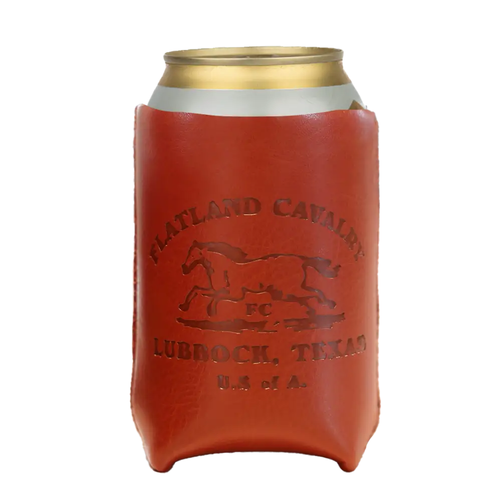 Red leather can cooler with embossed horse design and text.