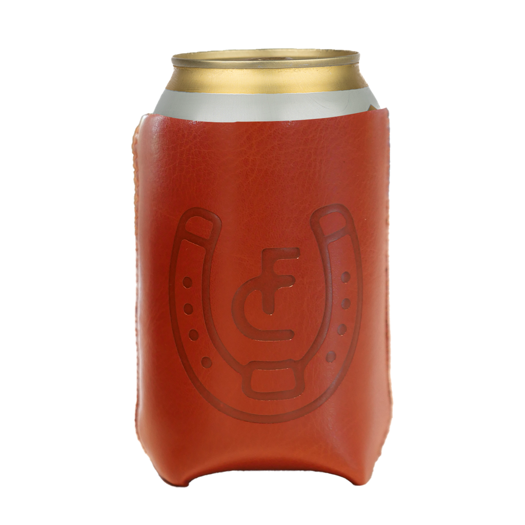 Red foam beverage cooler sleeve with a horseshoe design, holding a gold-topped can.