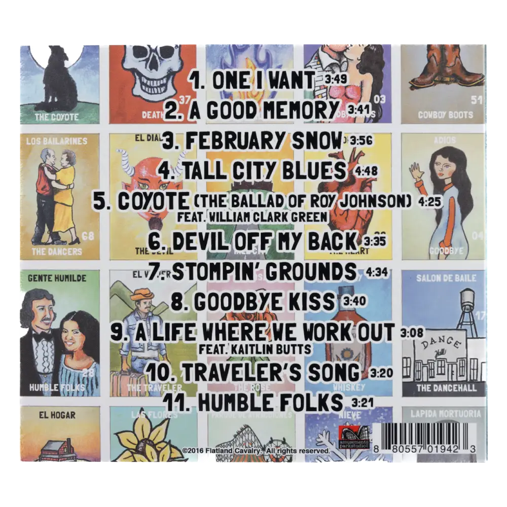 Album cover featuring a collage of small illustrations and a track listing for a music album.