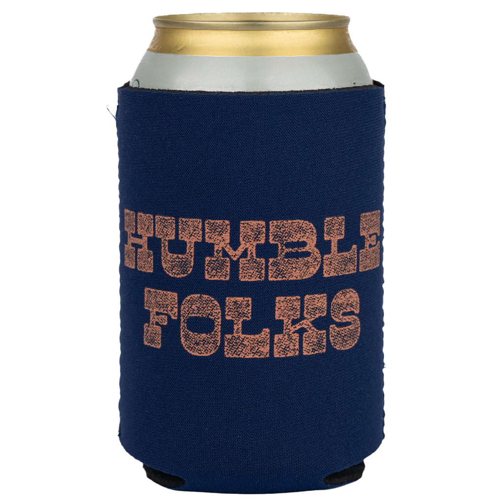 Navy blue can cooler with ’HUMBLE FOLKS’ printed in glittery copper text.