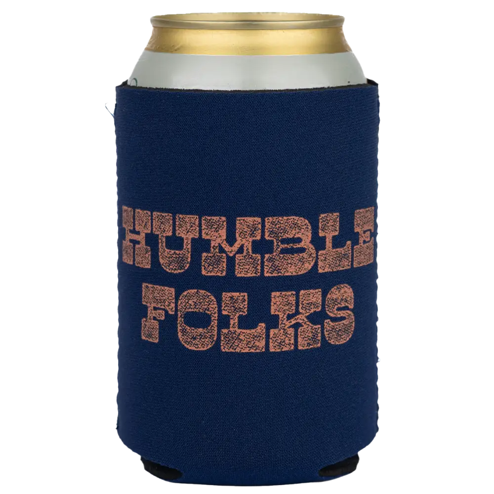 Navy blue can cooler with ’HUMBLE FOLKS’ printed in glittery copper text.