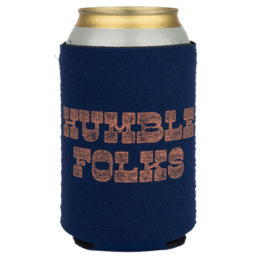 Navy blue can cooler with ’HUMBLE FOLKS’ printed in glittery copper text.