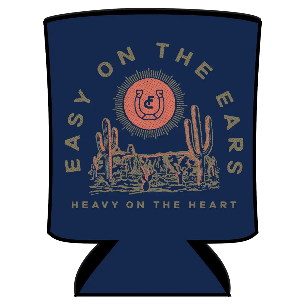 Beverage cooler sleeve with a desert-themed design featuring cacti and the text ’Easy on the Ears, Heavy on the Heart’.