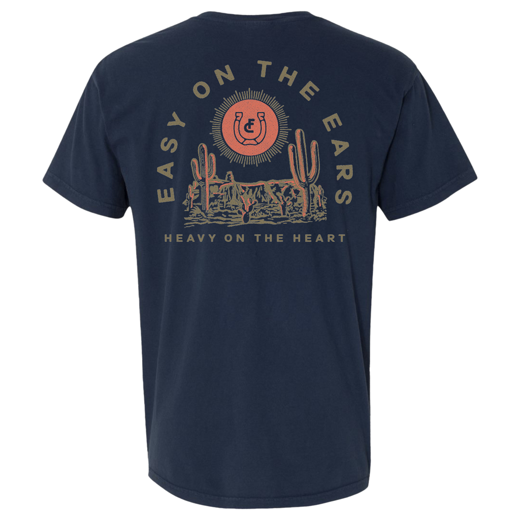 Navy blue t-shirt with a desert-themed graphic design on the back.