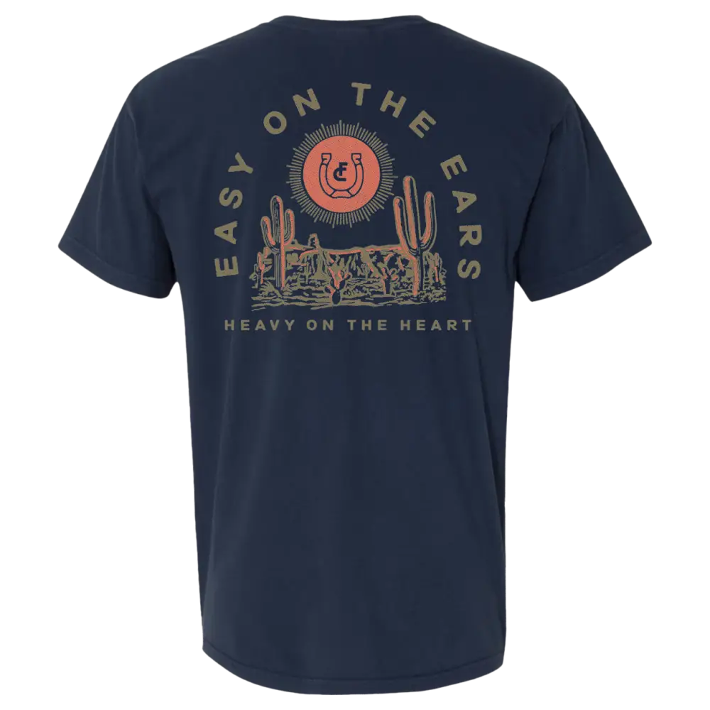 Navy blue t-shirt with a desert-themed graphic design on the back.