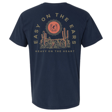 Navy blue t-shirt with a desert-themed graphic design on the back.