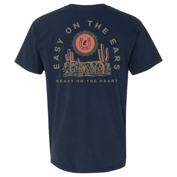 Navy blue t-shirt with a desert-themed graphic design on the back.